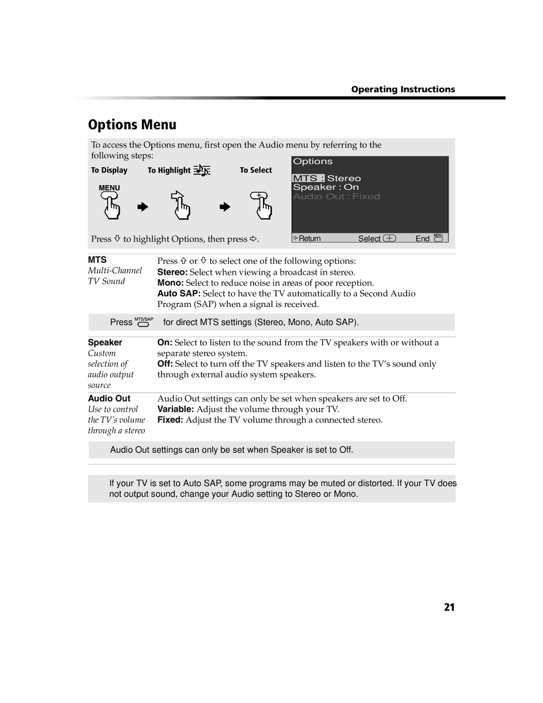 Sony KV 24FV300 manual Options Menu, Speaker, Audio Out 