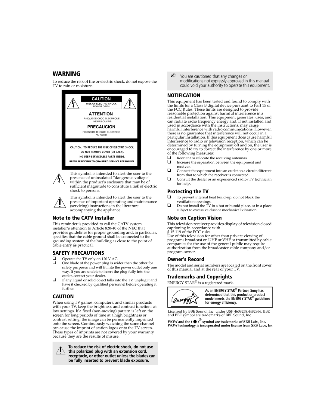 Sony KV 24FV300 manual Protecting the TV, Owner’s Record, Trademarks and Copyrights 