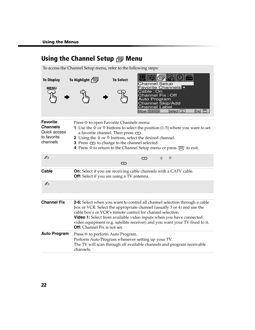 Sony KV 24FV300 manual Using the Channel Setup Menu, Favorite, Cable, Channel Fix, Auto Program 