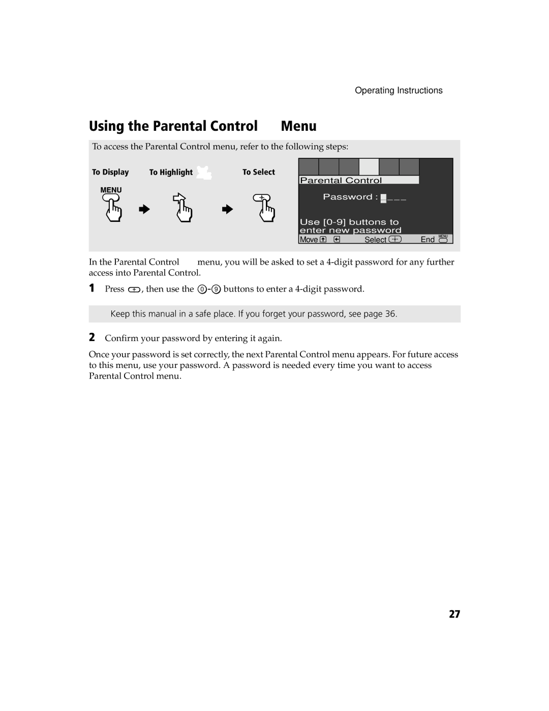 Sony KV 24FV300 manual Using the Parental Control Menu 