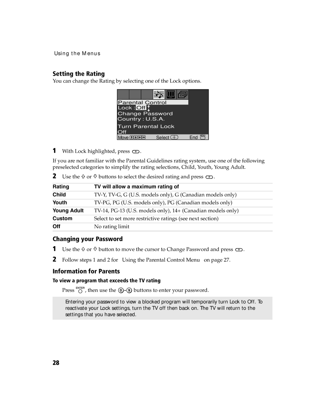 Sony KV 24FV300 manual Setting the Rating, Changing your Password, Information for Parents 