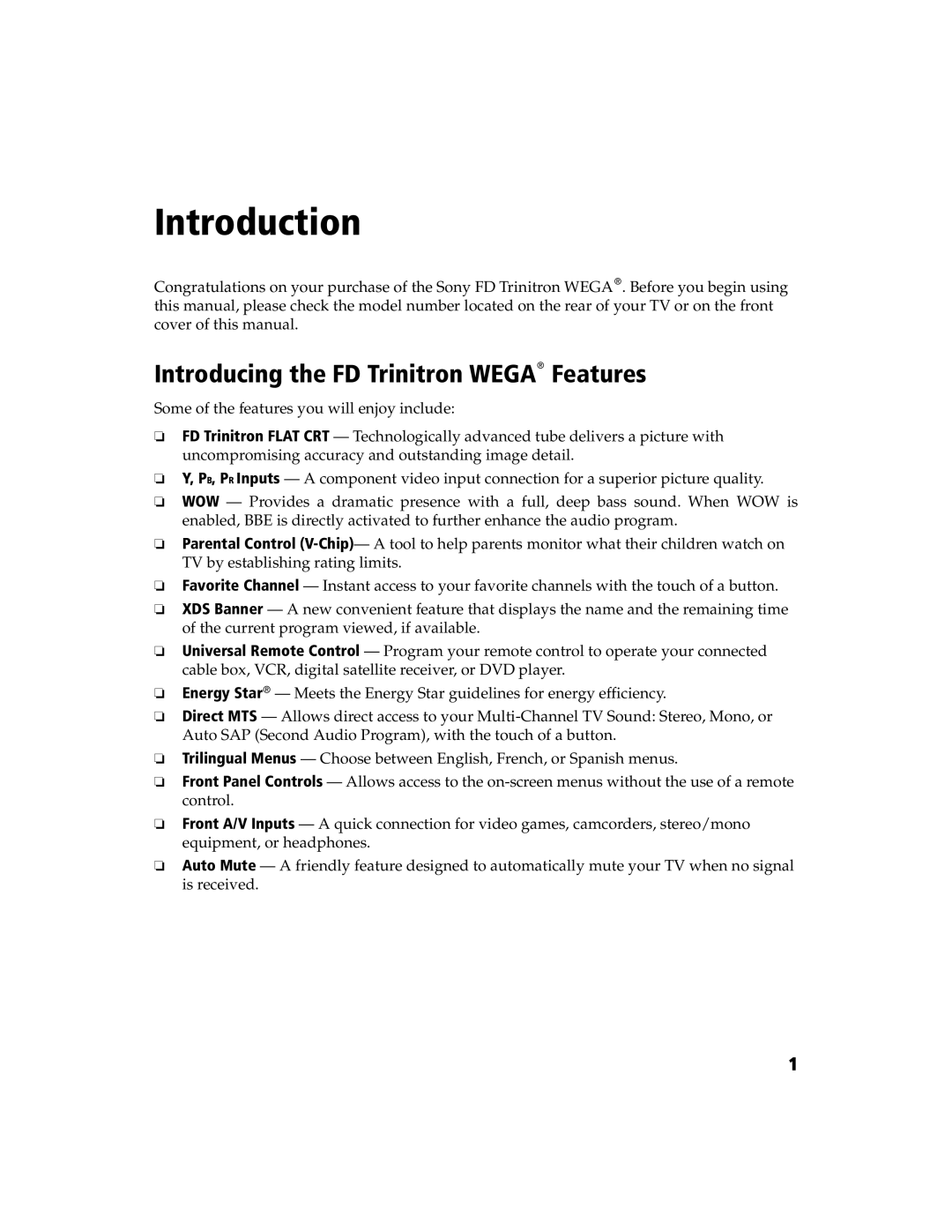 Sony KV 24FV300 manual Introduction, Introducing the FD Trinitron Wega Features 