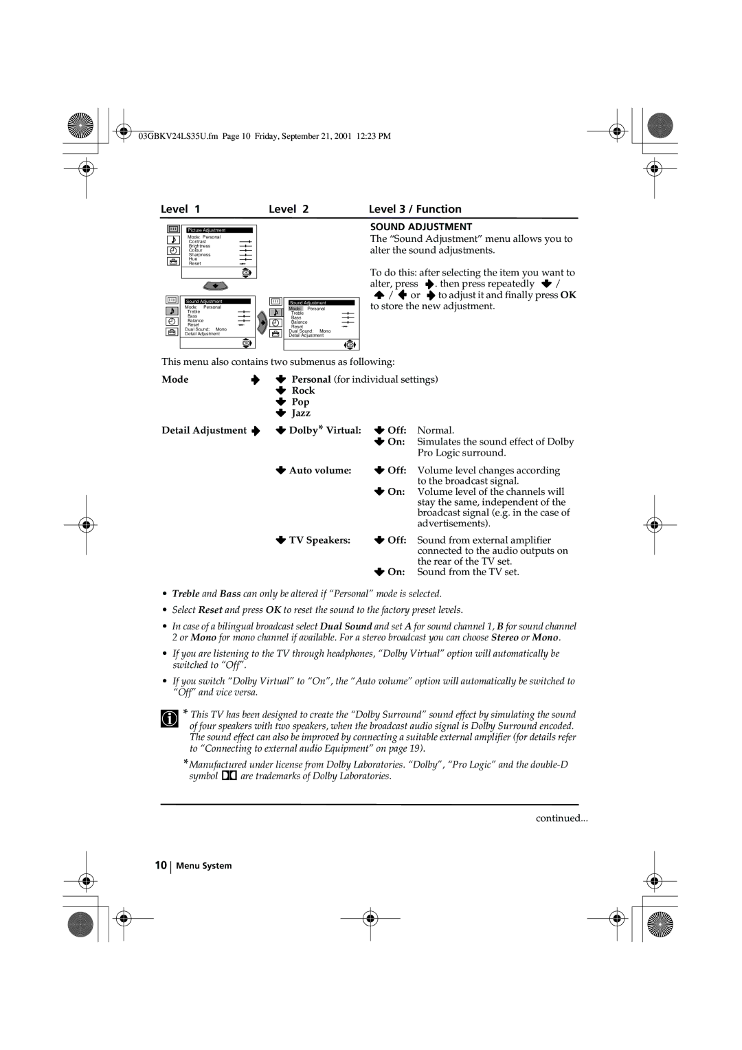 Sony KV-24LS35U instruction manual Sound Adjustment 