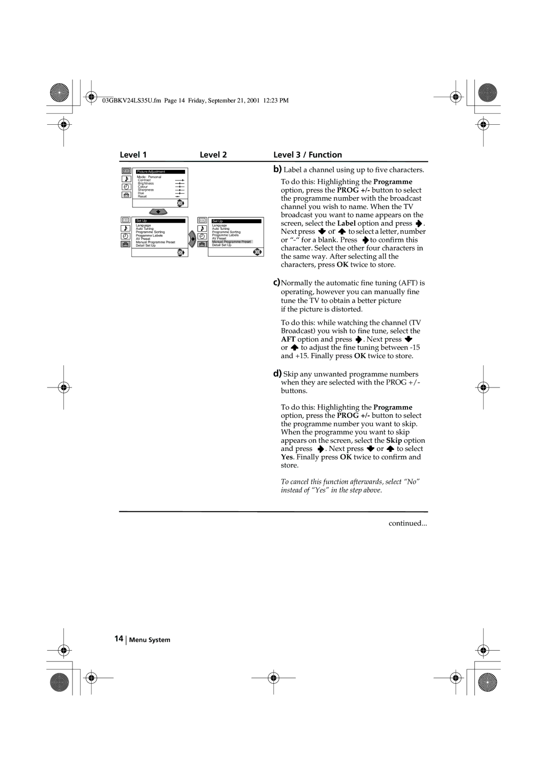 Sony KV-24LS35U instruction manual 03GBKV24LS35U.fm Page 14 Friday, September 21, 2001 1223 PM 