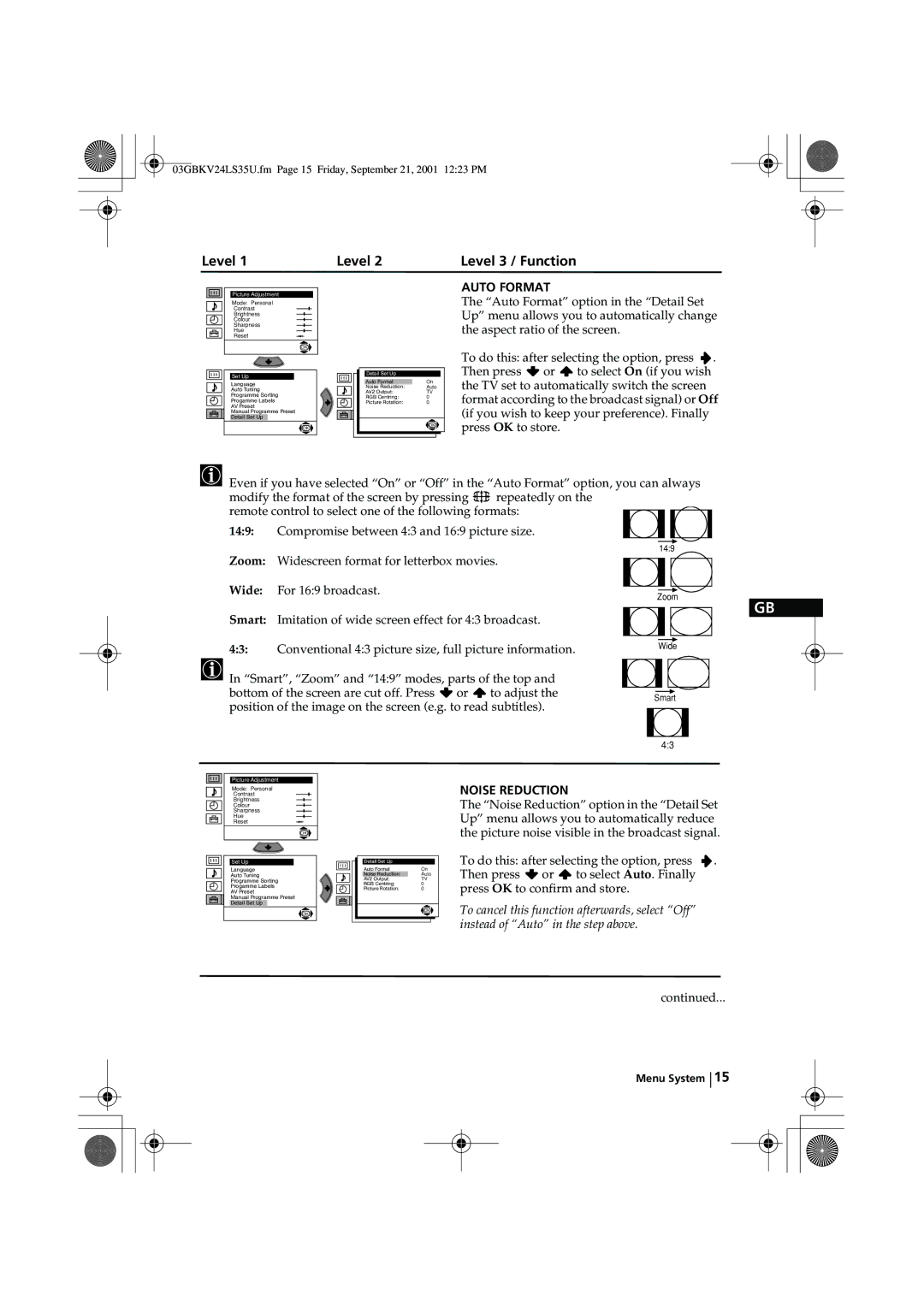 Sony KV-24LS35U instruction manual Auto Format, Widescreen format for letterbox movies, For 169 broadcast, Noise Reduction 