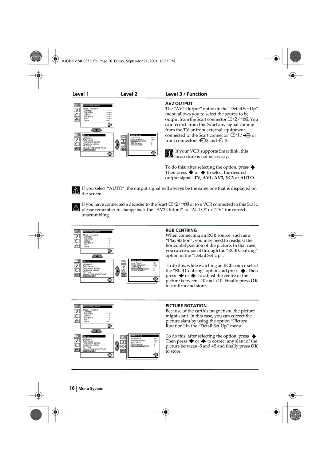 Sony KV-24LS35U instruction manual Level, AV2 Output, RGB Centring, Picture Rotation 