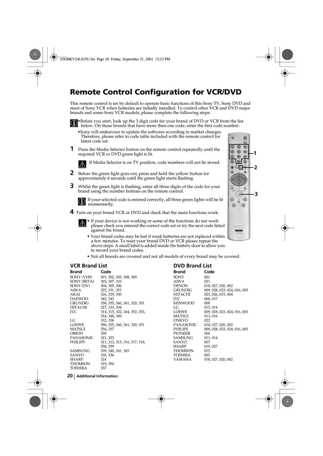 Sony KV-24LS35U instruction manual Brand Code 