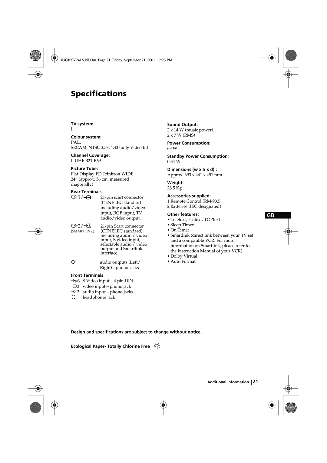 Sony KV-24LS35U instruction manual Specifications 