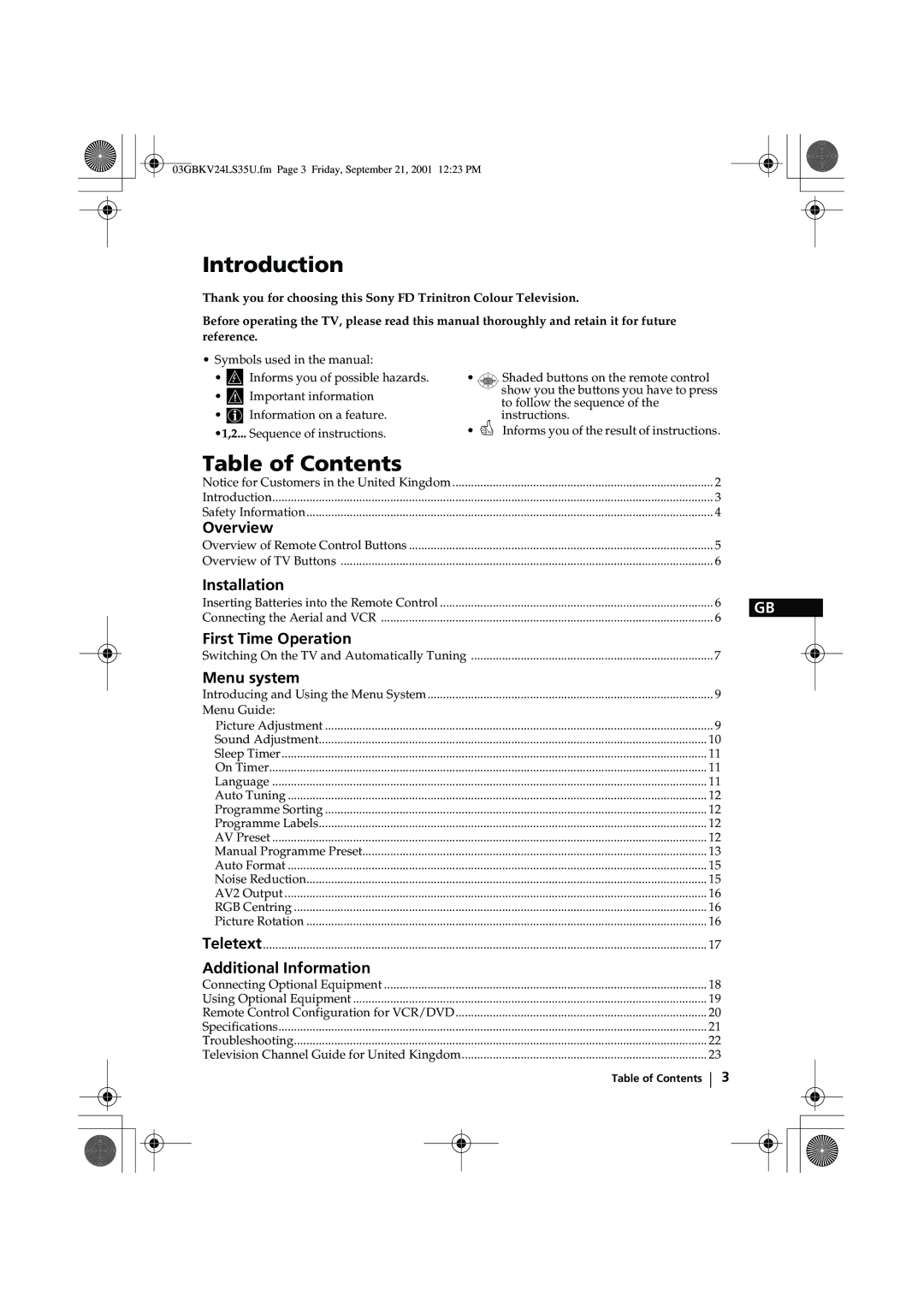 Sony KV-24LS35U instruction manual Introduction, Table of Contents 