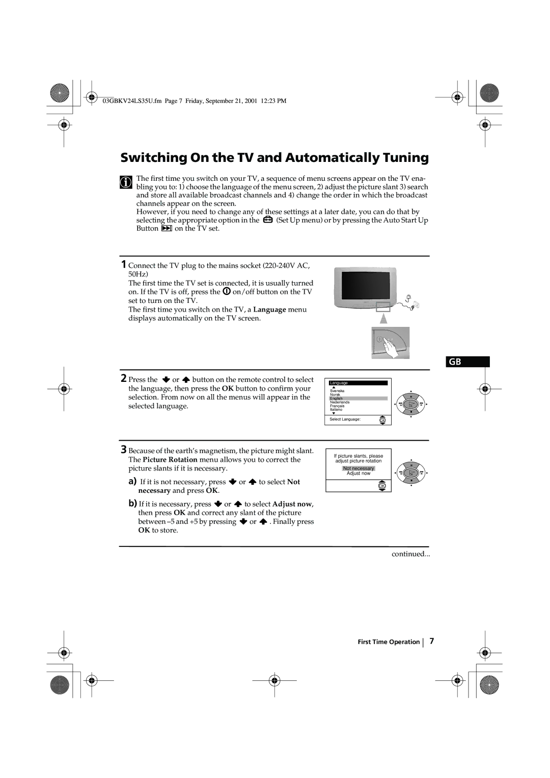 Sony KV-24LS35U instruction manual Switching On the TV and Automatically Tuning 