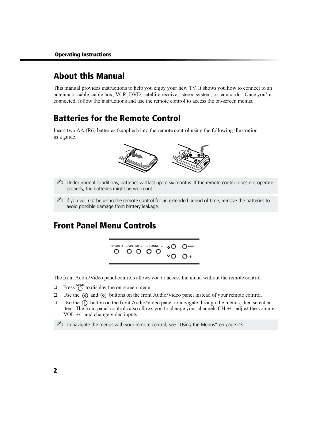 Sony KV-27FS100 About this Manual, Batteries for the Remote Control, Front Panel Menu Controls, Operating Instructions 