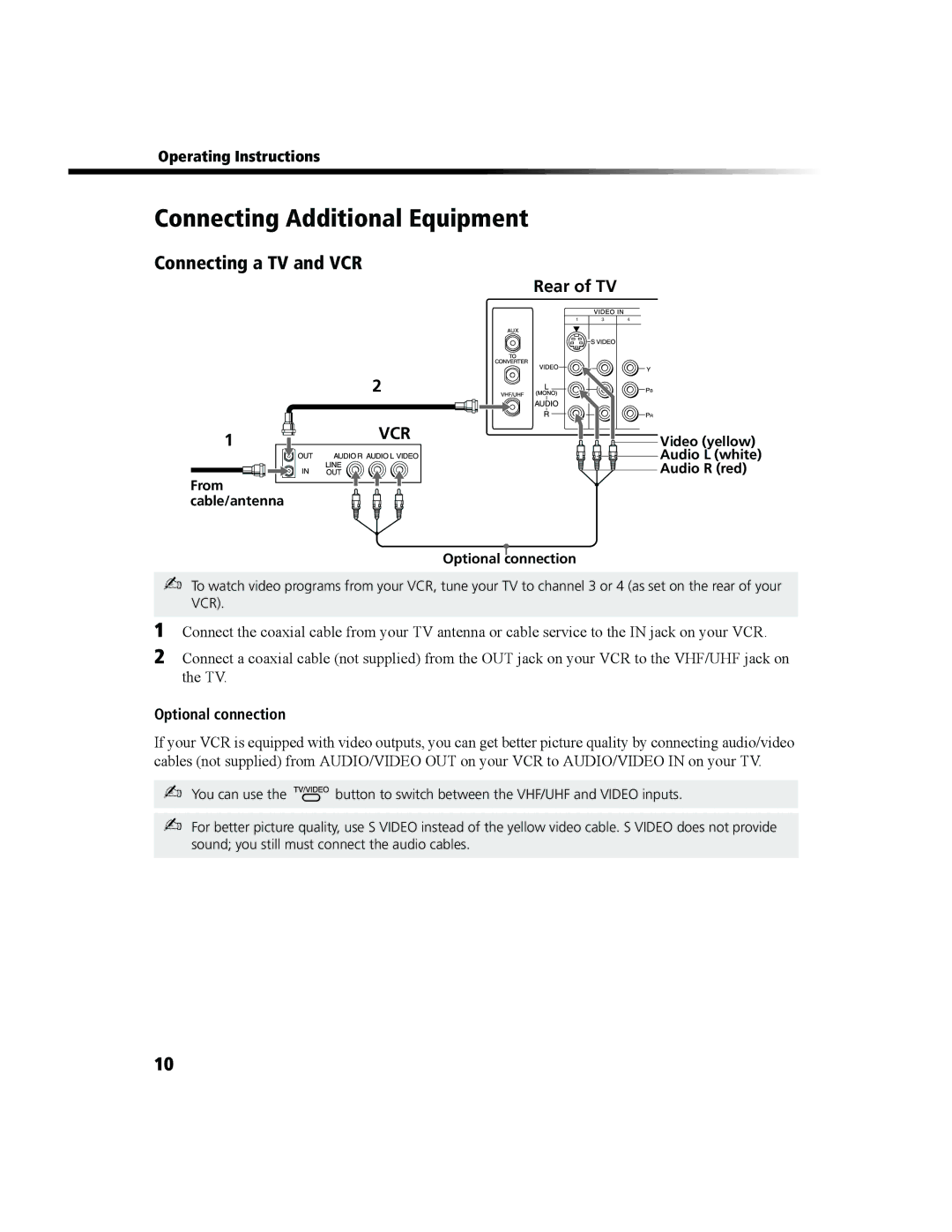 Sony KV-27FS100 manual Connecting Additional Equipment, Connecting a TV and VCR, Optional connection 