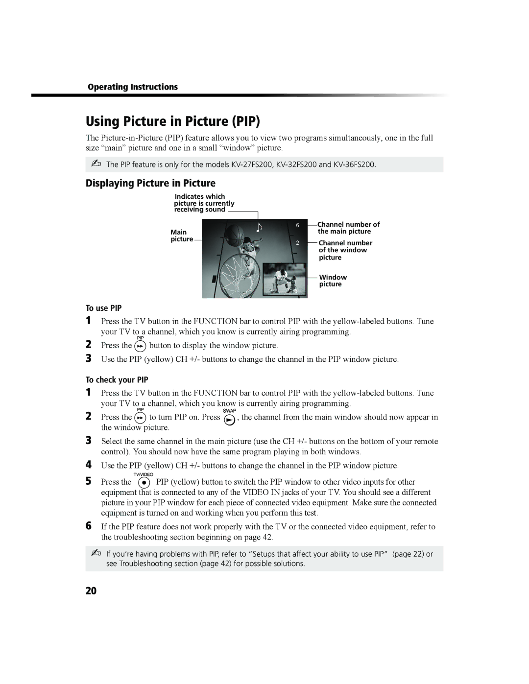 Sony KV-27FS100 manual Using Picture in Picture PIP, Displaying Picture in Picture, To use PIP, To check your PIP 