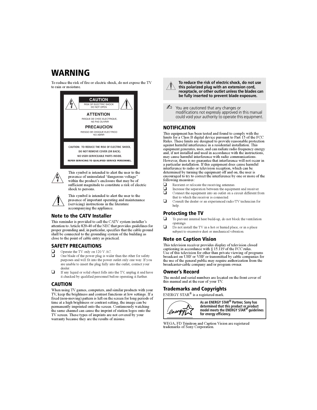 Sony KV-27FS100 manual Protecting the TV, Owner’s Record, Trademarks and Copyrights 