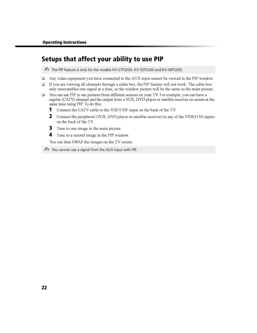 Sony KV-27FS100 manual Setups that affect your ability to use PIP 