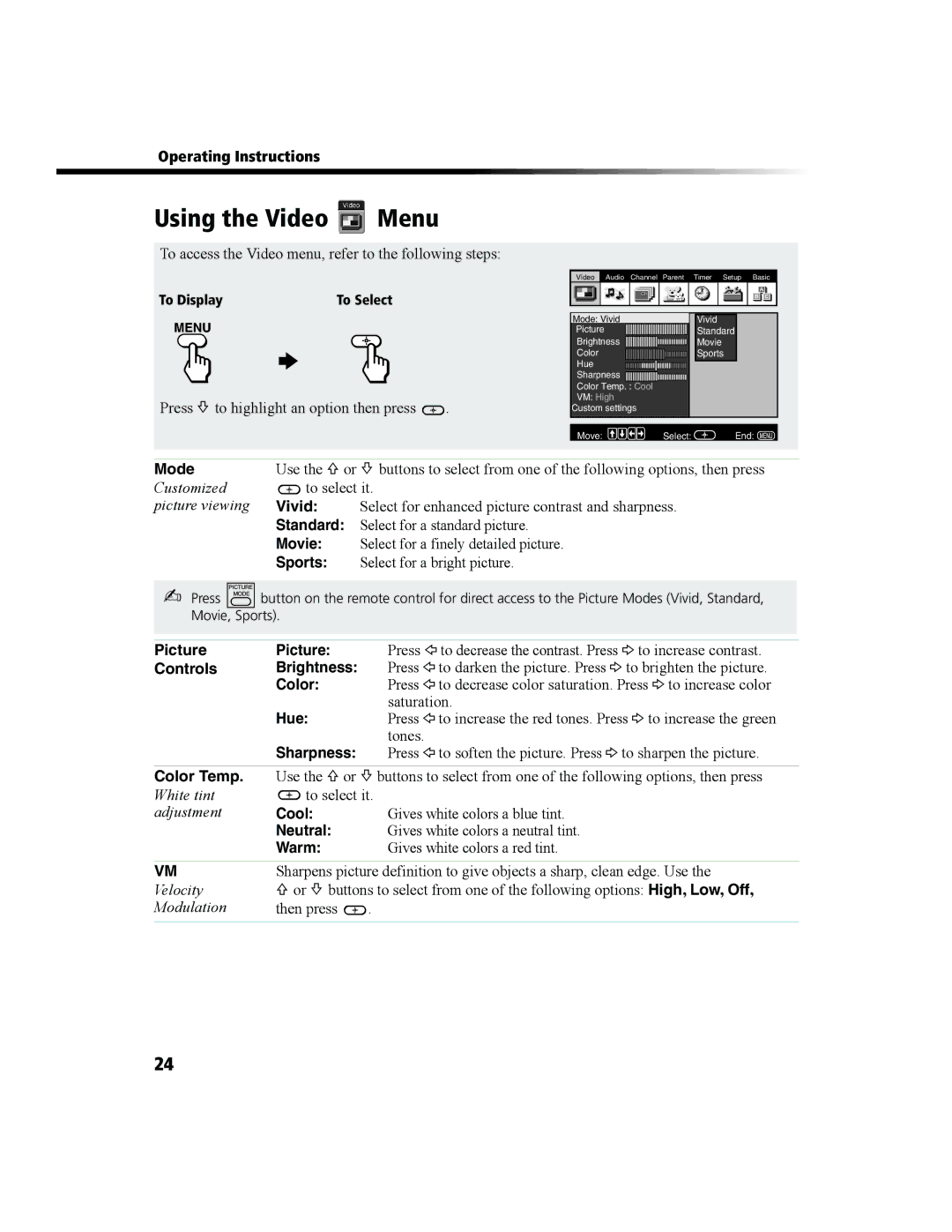 Sony KV-27FS100 manual Using the Video Menu 