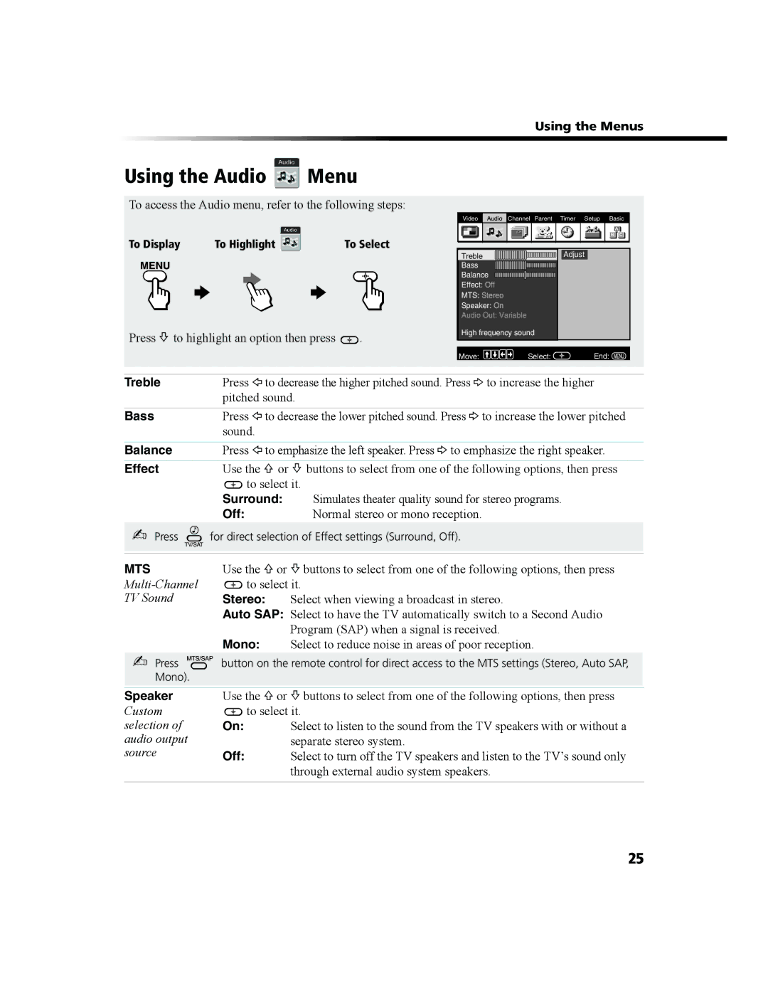 Sony KV-27FS100 manual Using the Audio Menu 