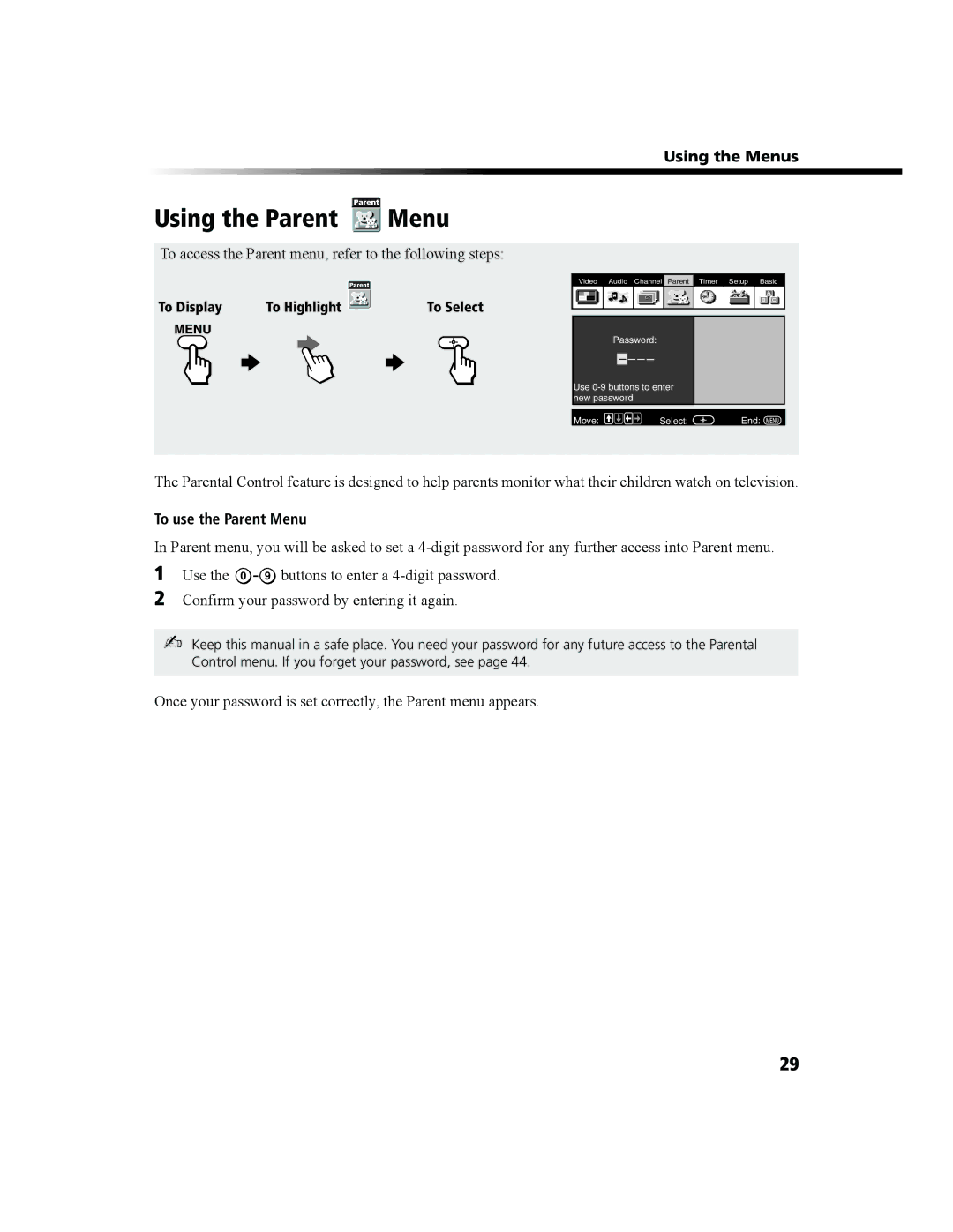 Sony KV-27FS100 Using the Parent Menu, To access the Parent menu, refer to the following steps, To use the Parent Menu 