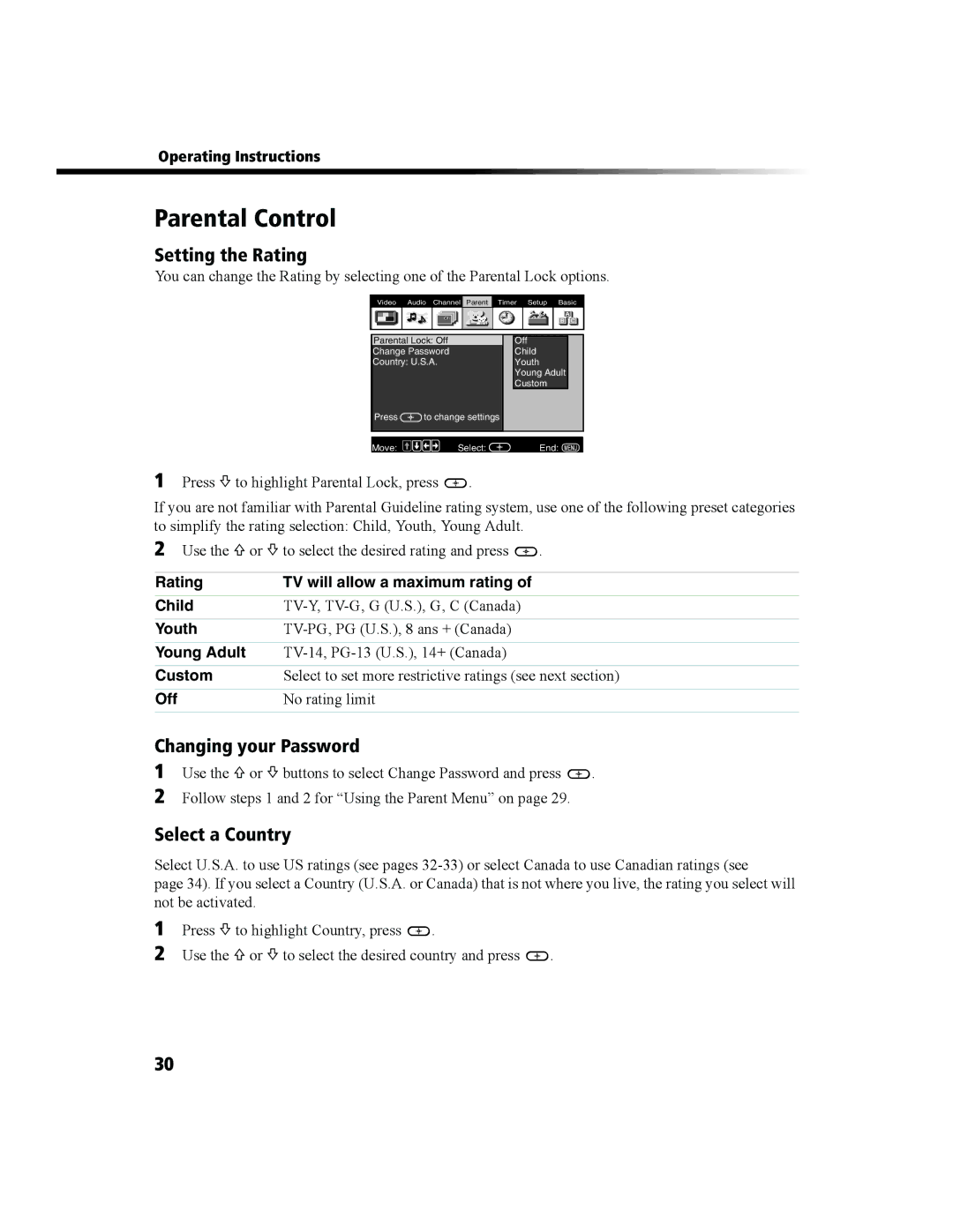 Sony KV-27FS100 manual Parental Control, Setting the Rating, Changing your Password, Select a Country 