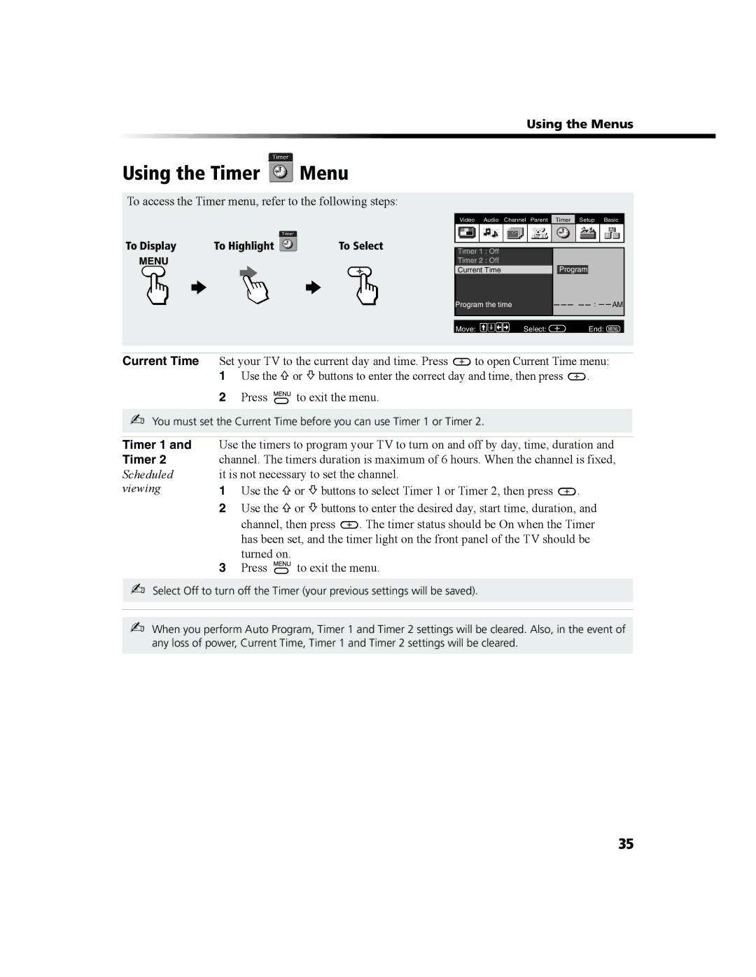 Sony KV-27FS100 manual Using the Timer Menu, To access the Timer menu, refer to the following steps, Timer 1 