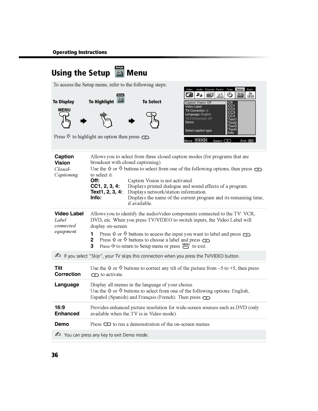 Sony KV-27FS100 manual Using the Setup Menu 