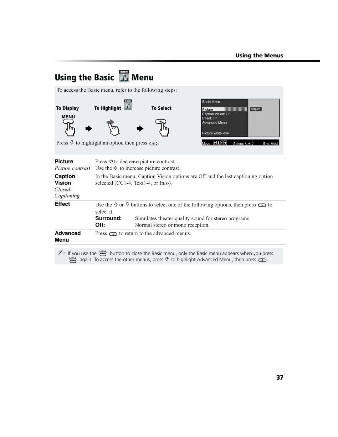 Sony KV-27FS100 manual Using the Basic Menu, To access the Basic menu, refer to the following steps 