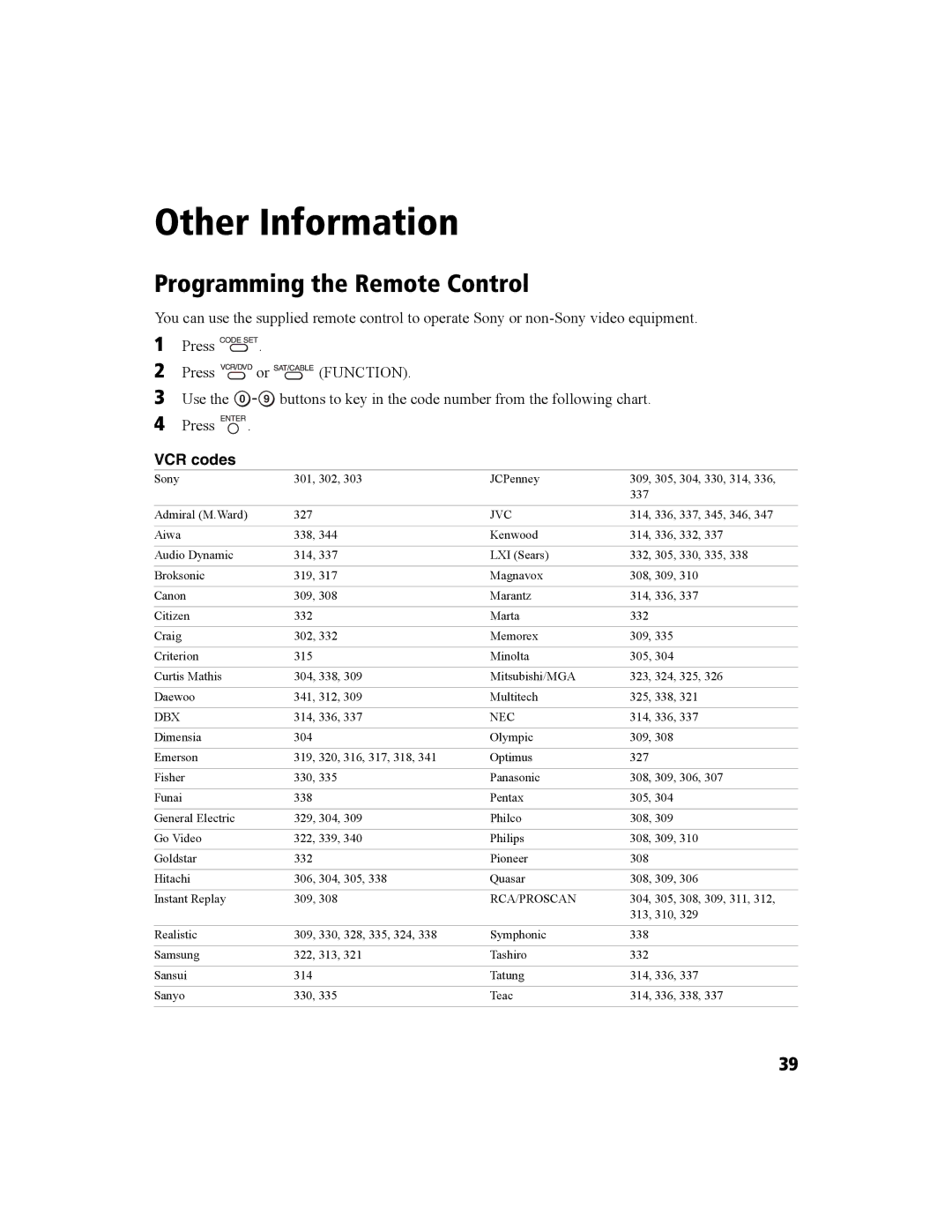 Sony KV-27FS100 manual Programming the Remote Control, VCR codes 