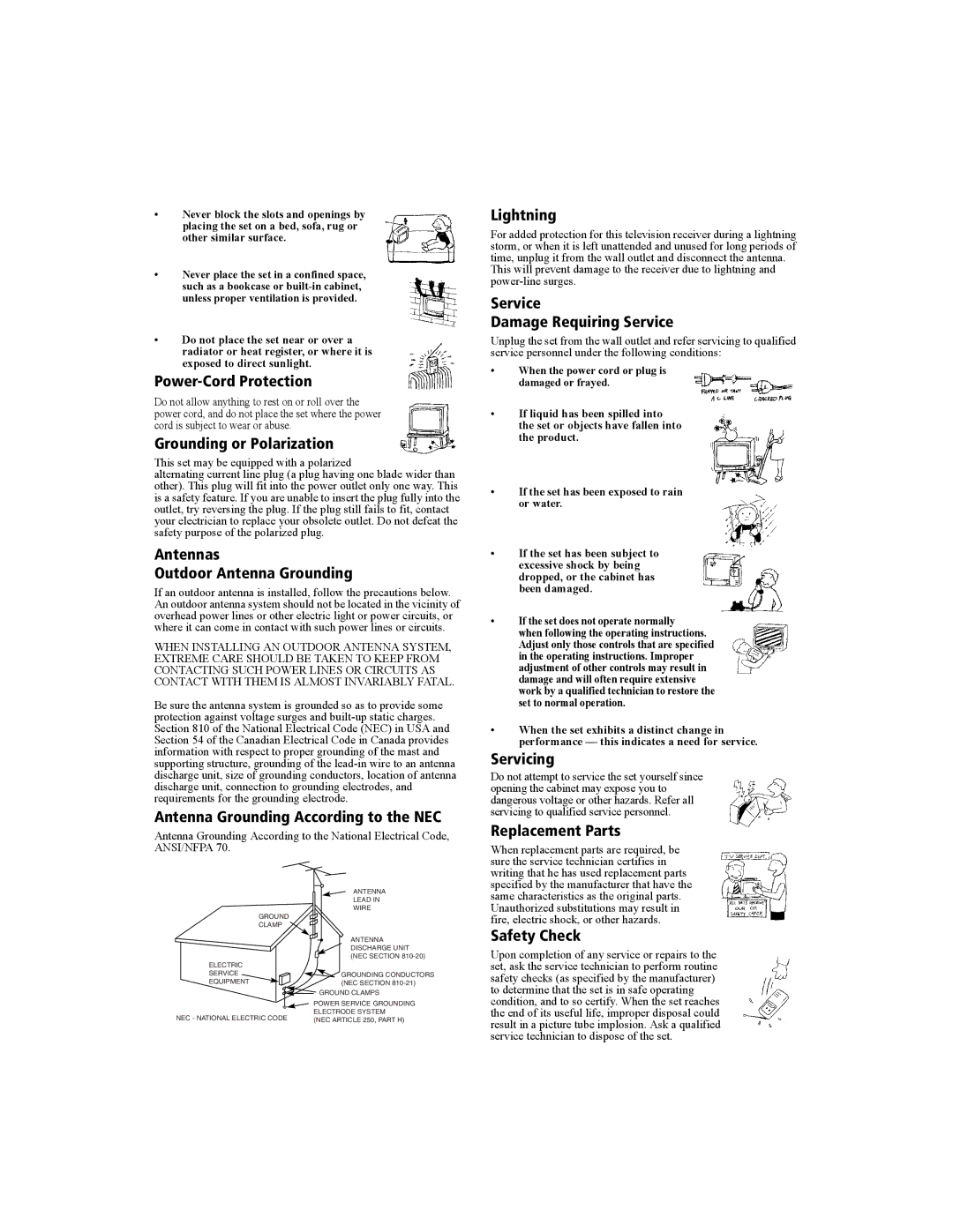 Sony KV-27FS100 manual Power-Cord Protection, Antennas Outdoor Antenna Grounding, Antenna Grounding According to the NEC 