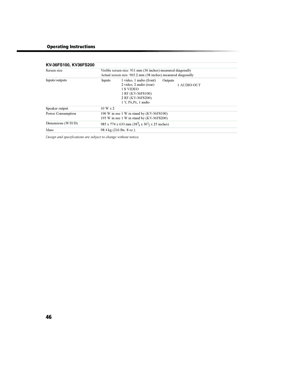 Sony KV-27FS100 manual KV-36FS100, KV36FS200 