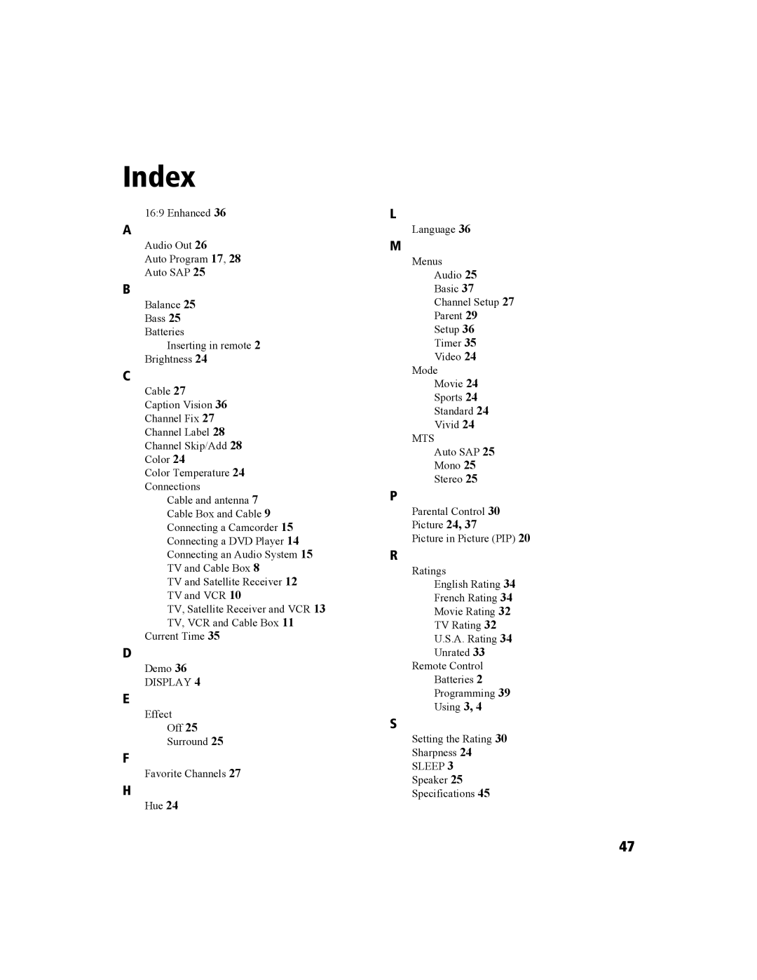 Sony KV-27FS100 manual Index 