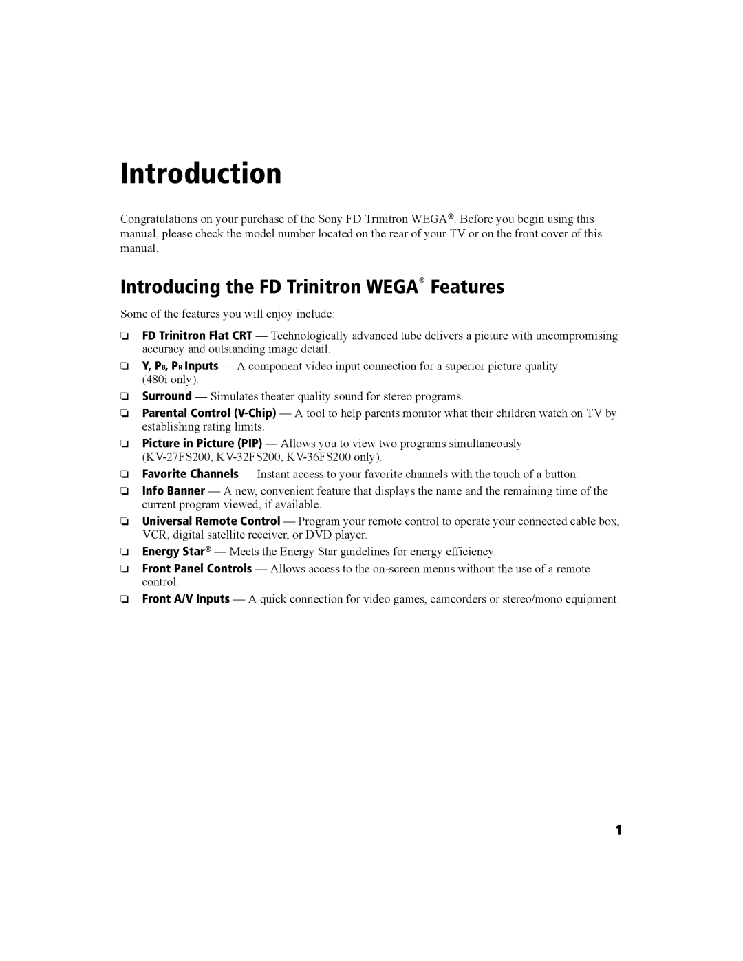 Sony KV-27FS100 manual Introduction, Introducing the FD Trinitron Wega Features 