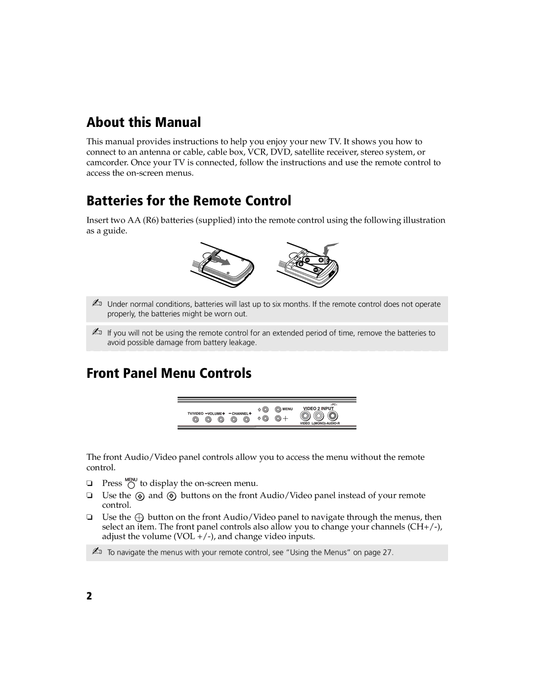 Sony KV-27FS120 operating instructions About this Manual, Batteries for the Remote Control, Front Panel Menu Controls 