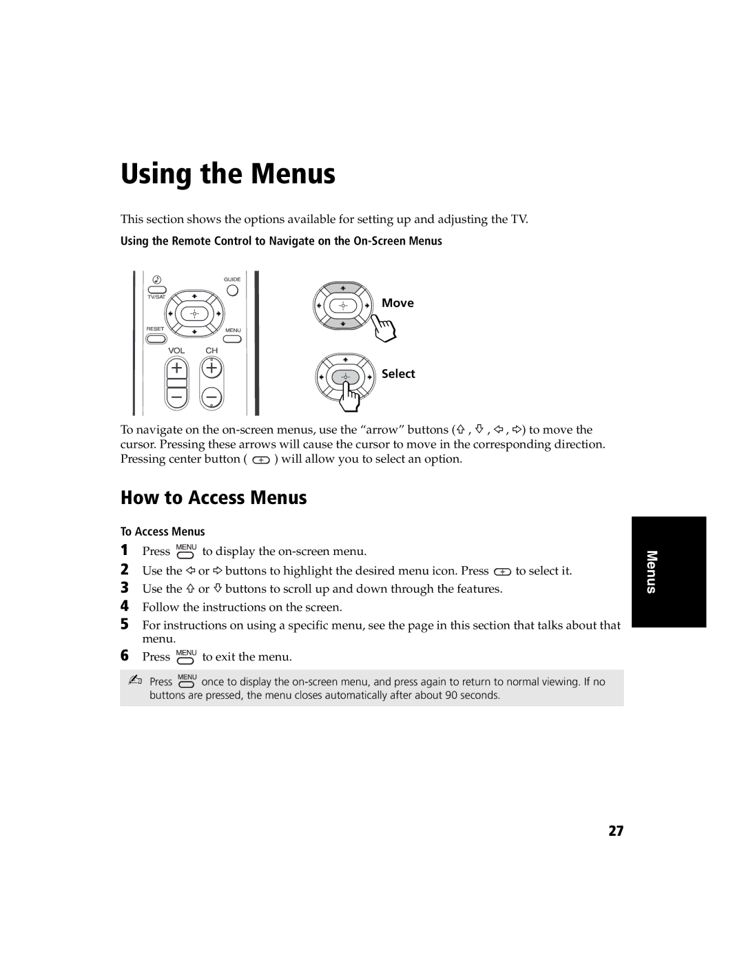 Sony KV-27FS120 operating instructions Using the Menus, How to Access Menus, To Access Menus 