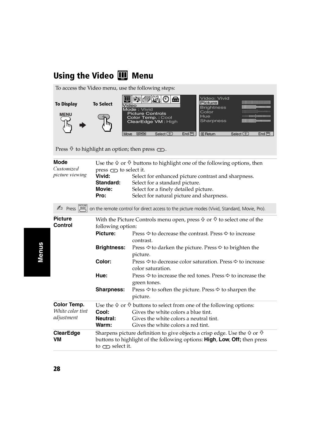 Sony KV-27FS120 operating instructions Using the Video Menu 