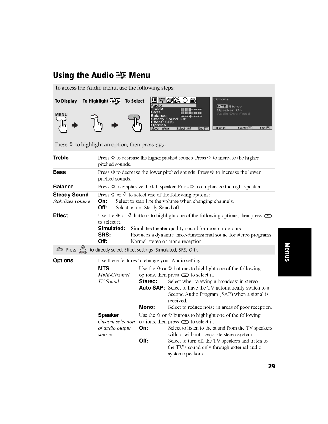 Sony KV-27FS120 operating instructions Using the Audio Menu 