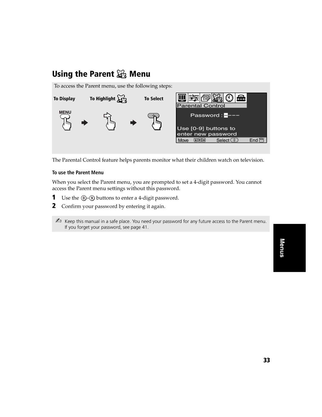 Sony KV-27FS120 Using the Parent Menu, To access the Parent menu, use the following steps, To use the Parent Menu 