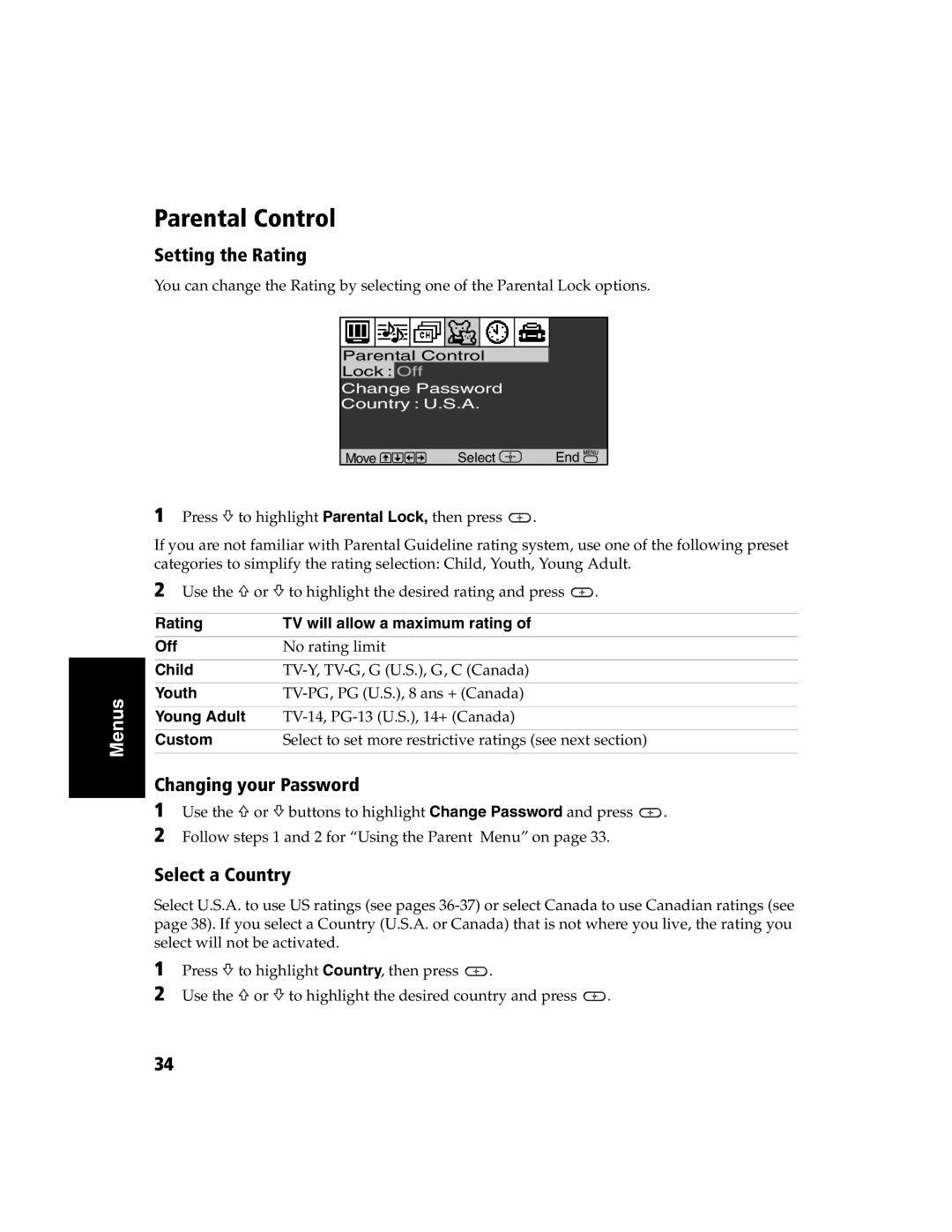 Sony KV-27FS120 operating instructions Parental Control, Setting the Rating, Changing your Password, Select a Country 