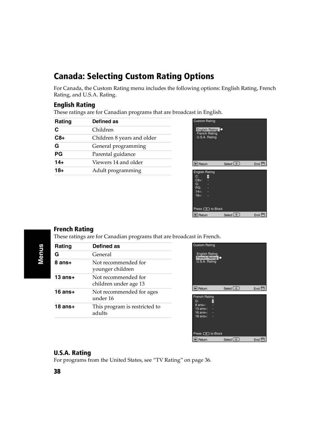 Sony KV-27FS120 operating instructions Canada Selecting Custom Rating Options, English Rating, French Rating, A. Rating 