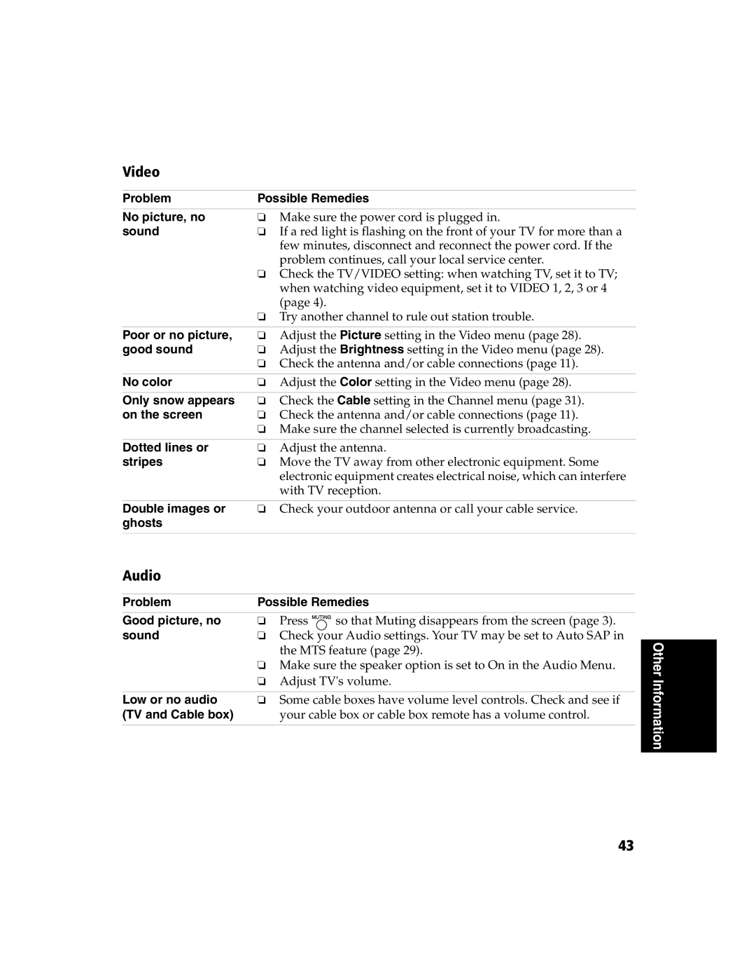 Sony KV-27FS120 operating instructions Video, Audio 