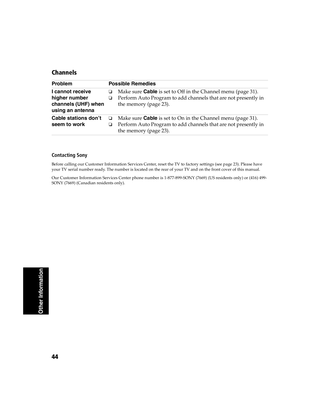 Sony KV-27FS120 operating instructions Channels 