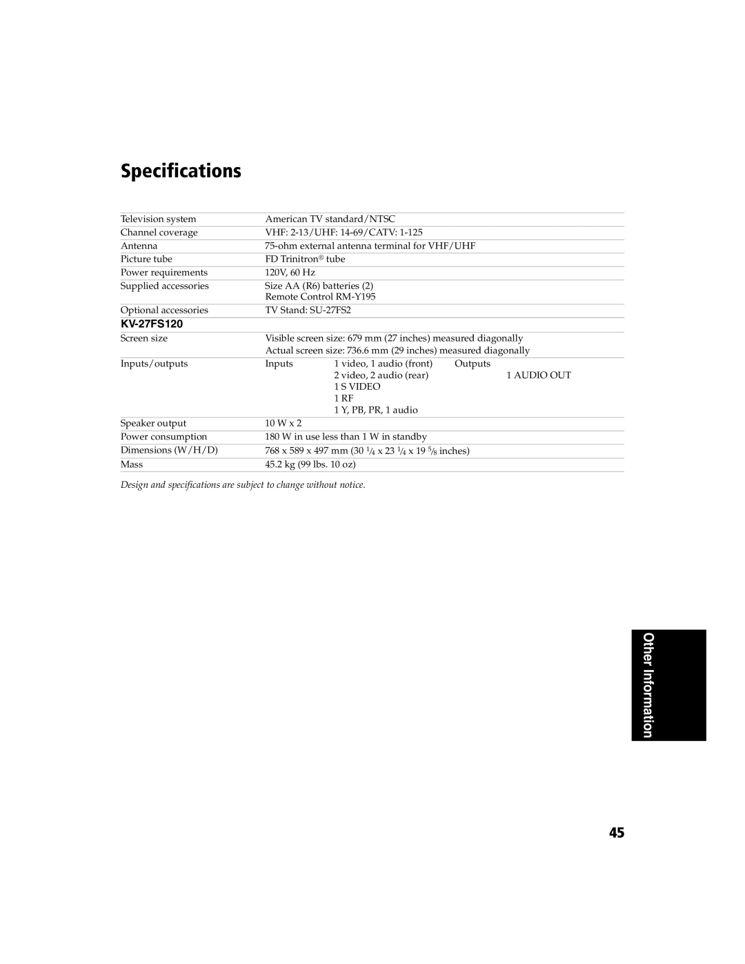 Sony KV-27FS120 operating instructions Specifications 