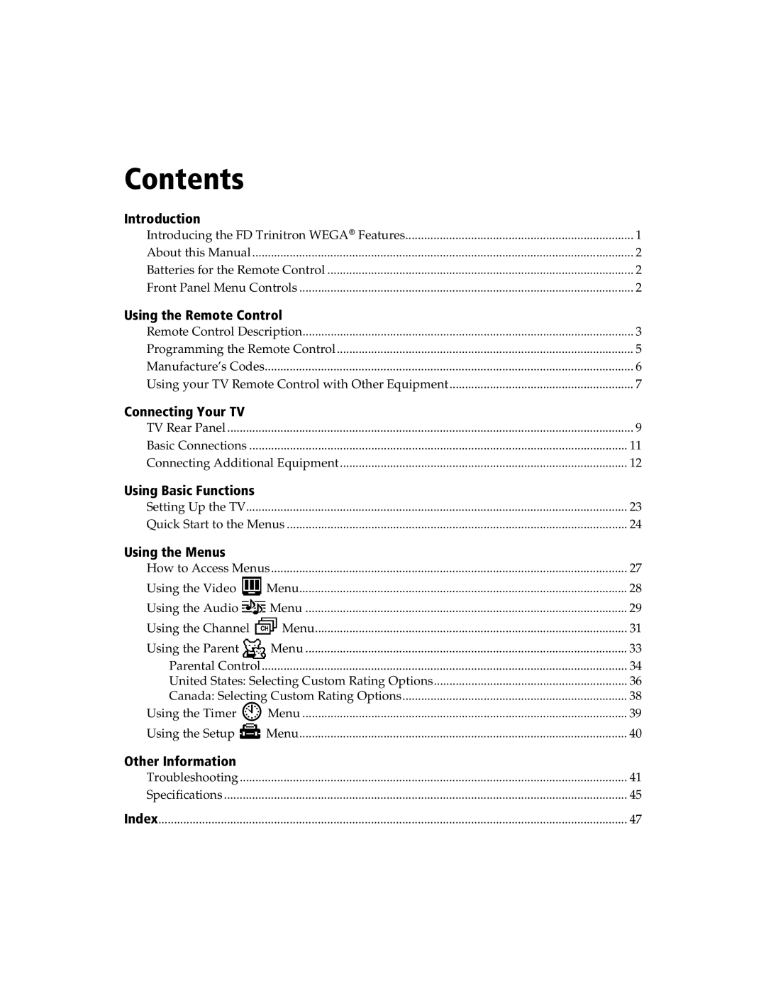 Sony KV-27FS120 operating instructions Contents 