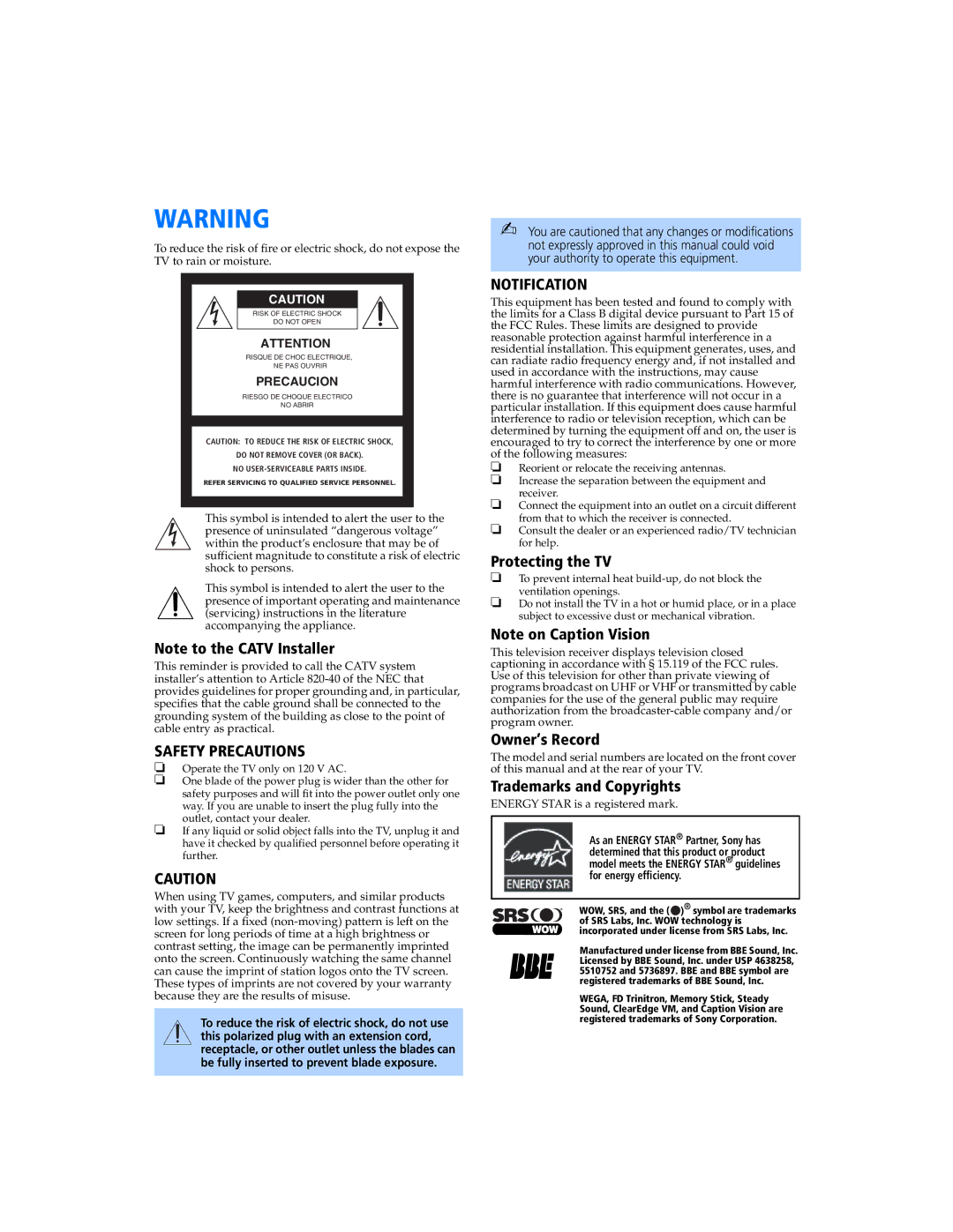 Sony KV 27FS320 manual Protecting the TV, Owner’s Record, Trademarks and Copyrights 