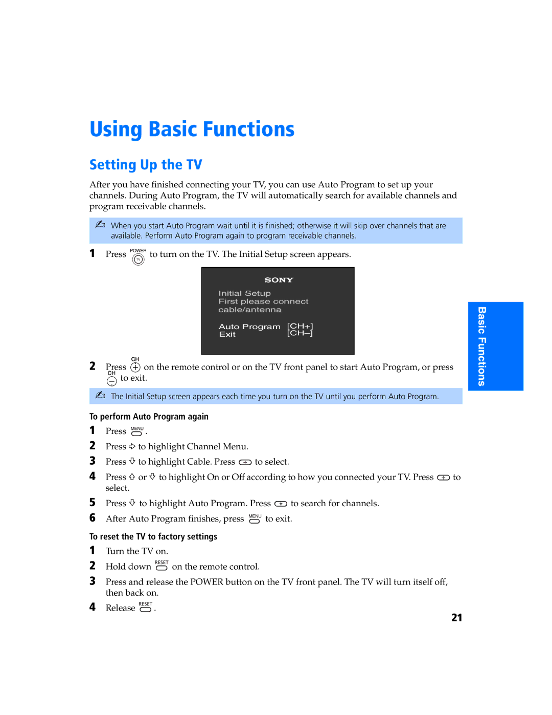 Sony KV 27FS320 manual Using Basic Functions, Setting Up the TV, To perform Auto Program again 