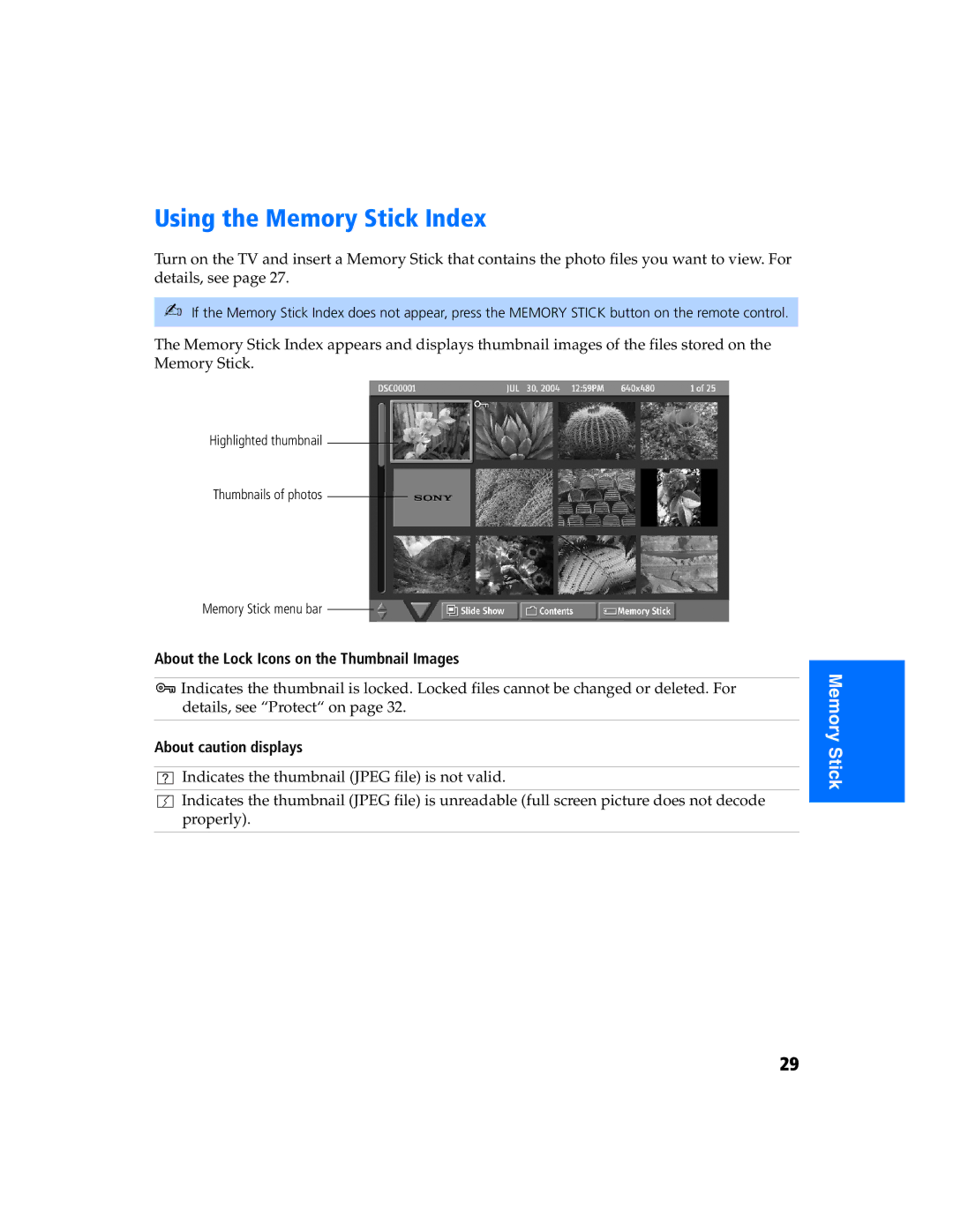 Sony KV 27FS320 manual Using the Memory Stick Index, About the Lock Icons on the Thumbnail Images, About caution displays 