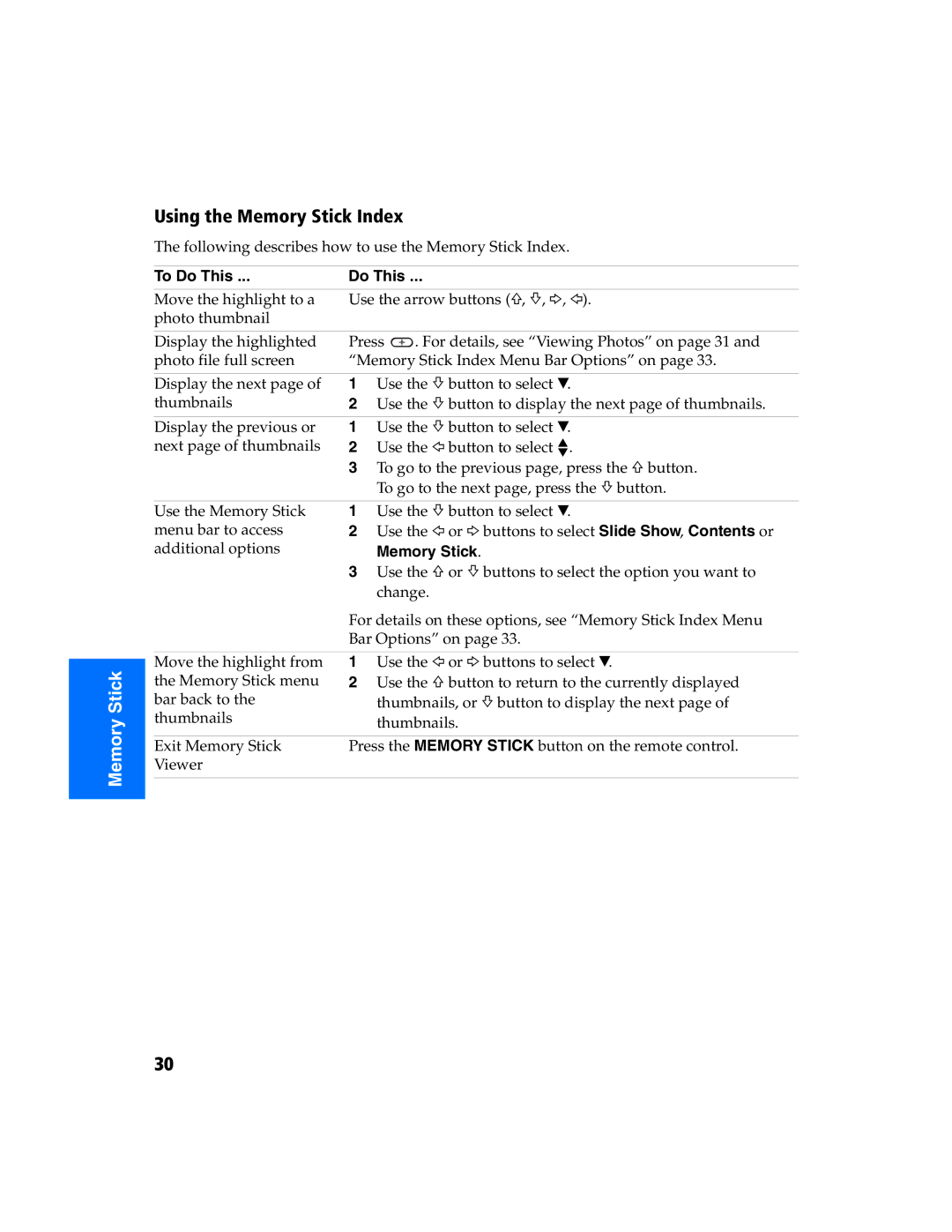 Sony KV 27FS320 manual Using the Memory Stick Index, To Do This 