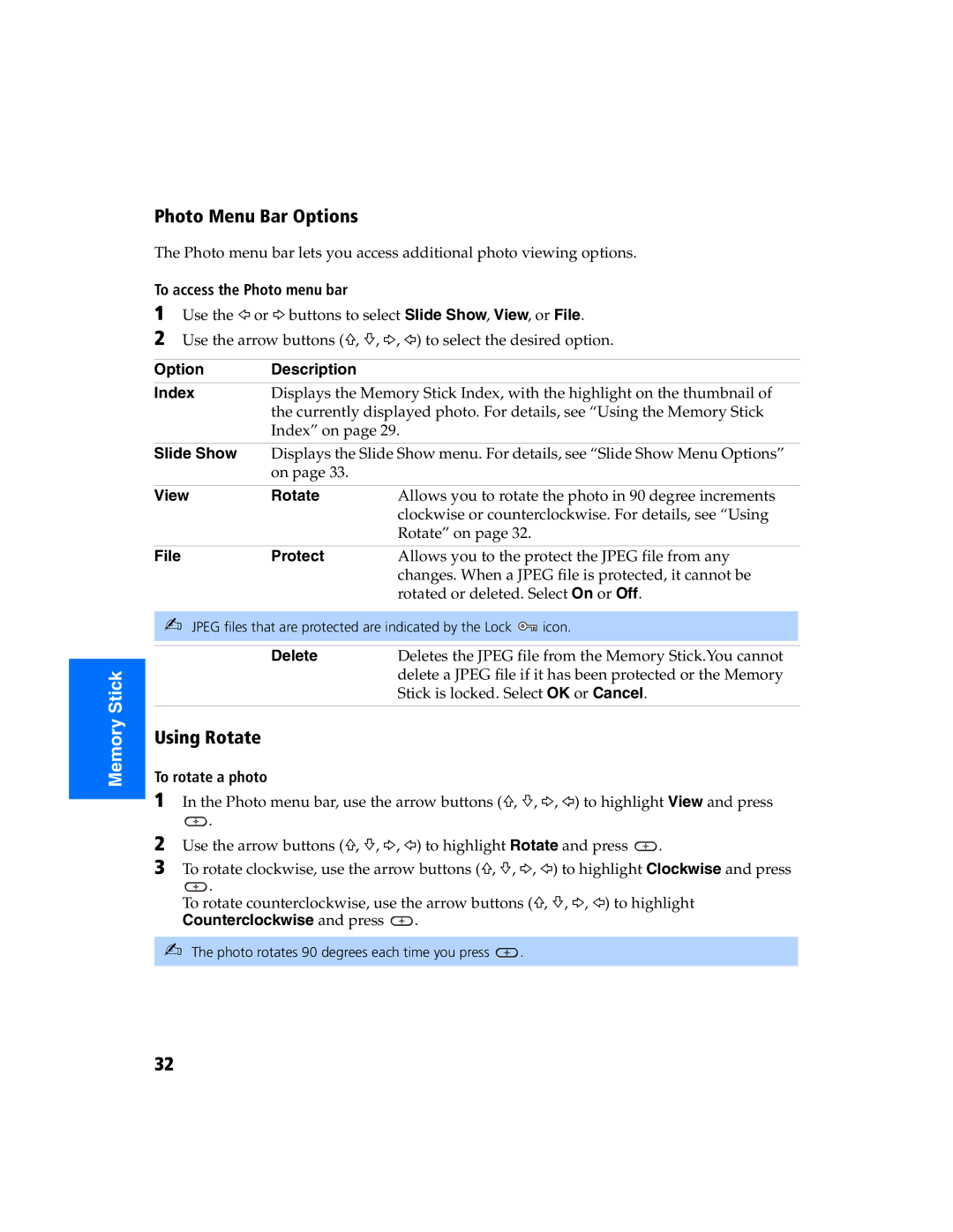 Sony KV 27FS320 manual Photo Menu Bar Options, Using Rotate 