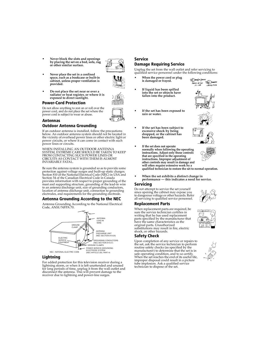 Sony KV 27FS320 manual Power-Cord Protection, Antennas Outdoor Antenna Grounding, Antenna Grounding According to the NEC 