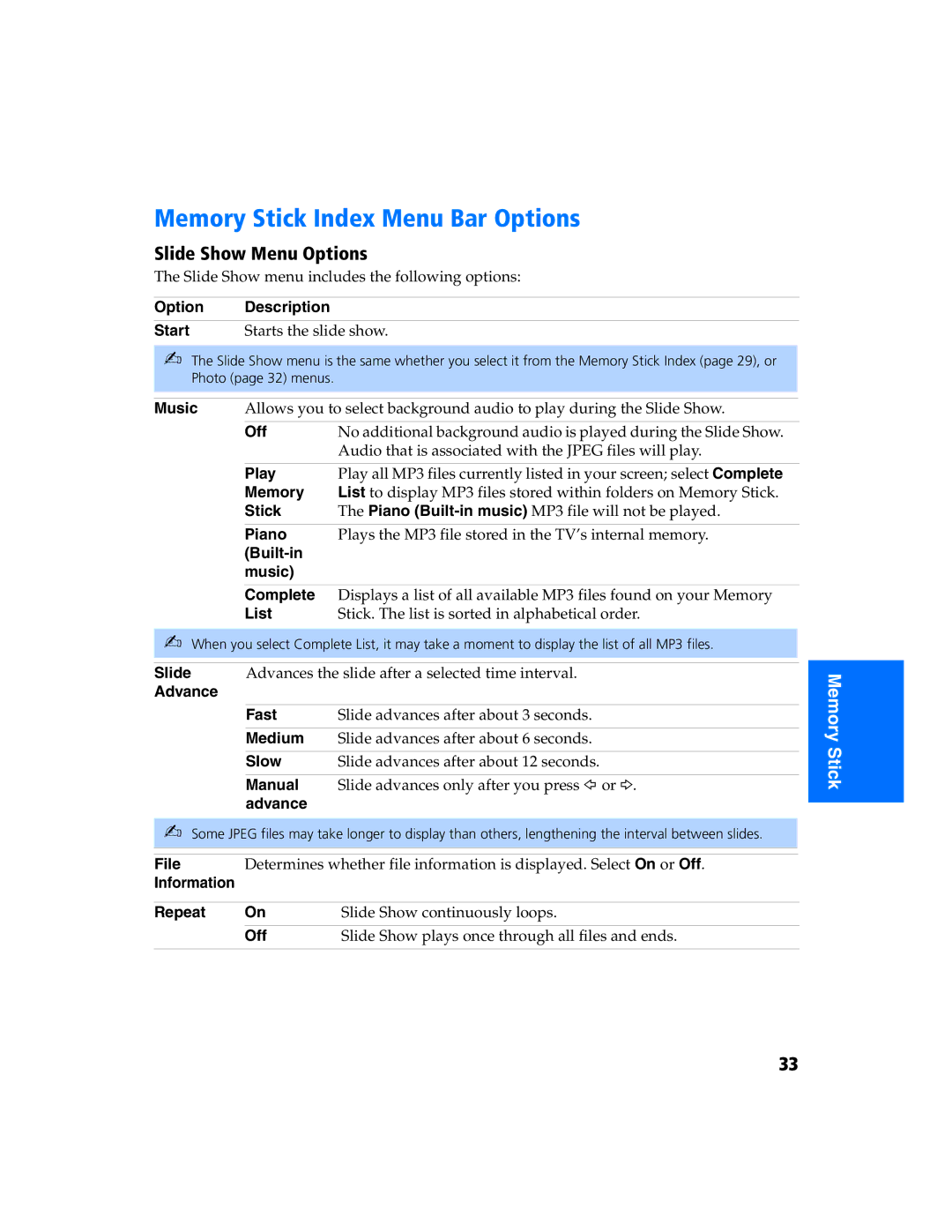 Sony KV 27FS320 manual Memory Stick Index Menu Bar Options, Slide Show Menu Options 