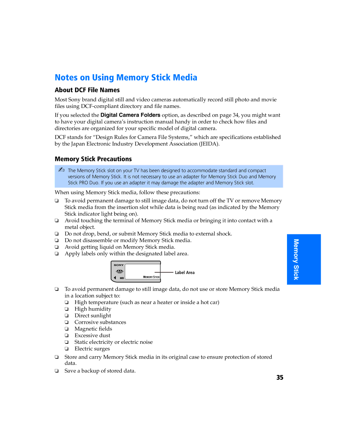 Sony KV 27FS320 manual About DCF File Names, Memory Stick Precautions 